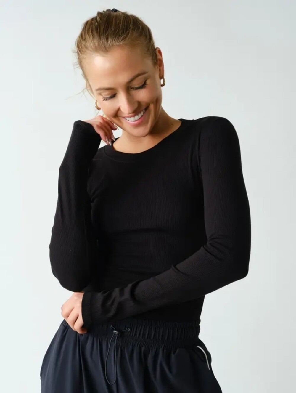 Mono B Black Ribbed Long-Sleeve Crew Top